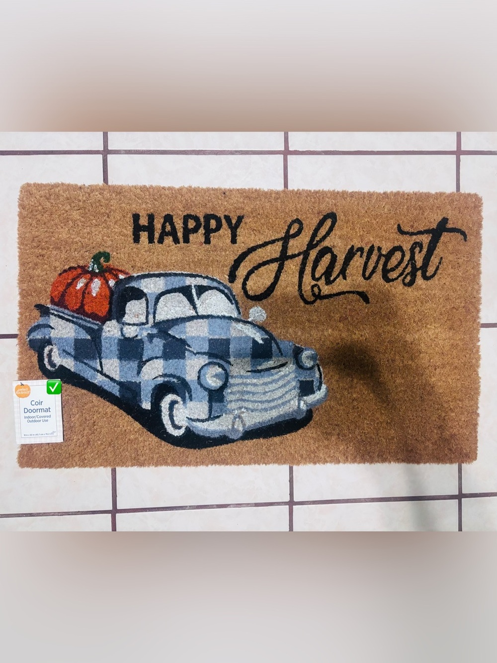 Happy Harvest Blue Plaid Truck Coir Doormat